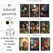 A4 Rooster Collection Wrapping Paper Decoupage 