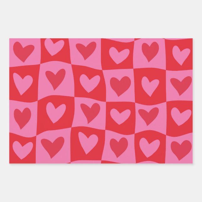 Feuille De Papier Cadeau à damiers Motif de Coeurs rouges et roses déformés (Devant)