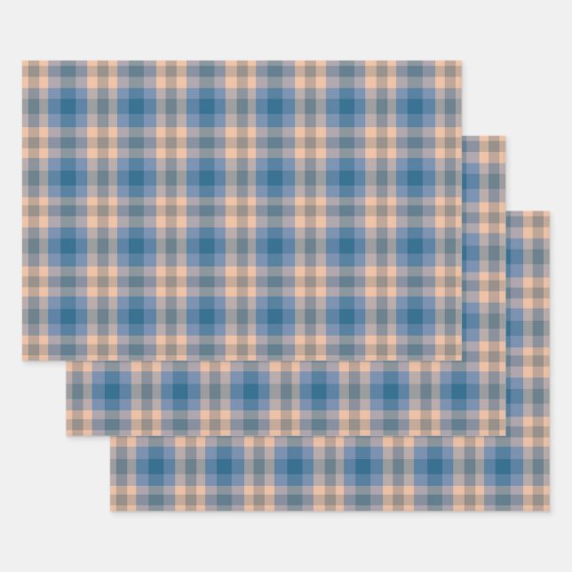 Feuille De Papier Cadeau à damiers Plaid Beige Bleu Gris Et Pêche (Lot)