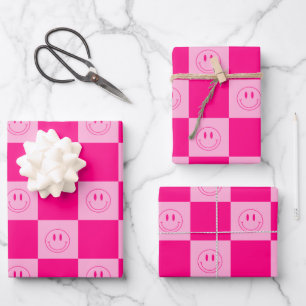Feuille De Papier Cadeau À damiers rose chaud tendance et sourire Super