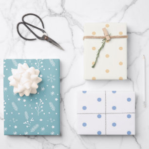 Feuille De Papier Cadeau À petits pois bleus et blancs et flocons de neige 