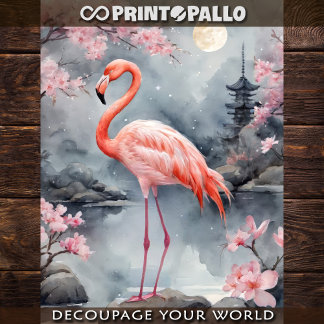 Feuille De Papier Cadeau A pink flamingo in a japanese lake - Decoupage 