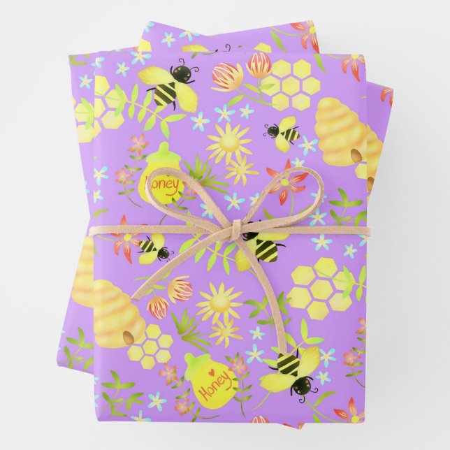 Feuille De Papier Cadeau Abeille de miel violet (En situation)
