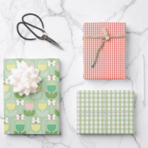 Feuille De Papier Cadeau Abeille mignonne, tulipes et En vichy   Rose &vert