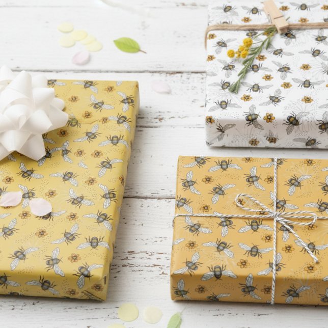 Feuille De Papier Cadeau Abeille noire tendance bourdonnante pour le printe (Yellow, Orange & White Honey Bee and Flowers Floral Wrapping Paper. Birthday Bee Gift Wrap for Her.)