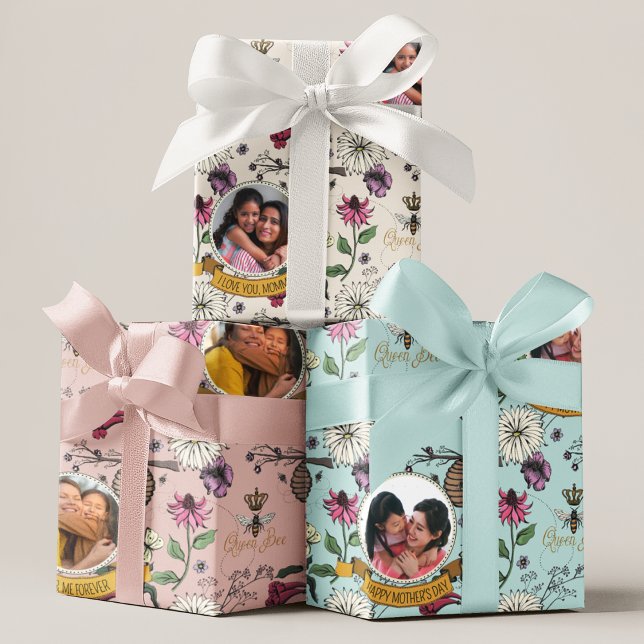 Feuille De Papier Cadeau Abeille Reine Florale, Couronne Or, Fleurs & Photo (Chic Royal Queen Bee & Crown Custom Photo & Personal Message Wrapping Paper Sheets for Mother's Day.)