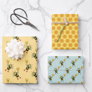 Feuille De Papier Cadeau Abeilles avec motif de coeur et de nid d'abeille