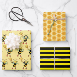 Feuille De Papier Cadeau Abeilles avec motif de cœur et de nid d'abeille