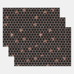 Feuille De Papier Cadeau Abeilles d'or Rose et peigne de miel sur noir