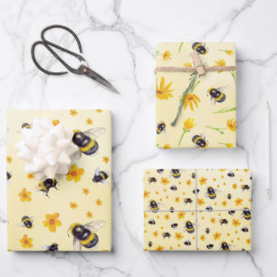 Feuille De Papier Cadeau Abeilles et fleurs aquarelles