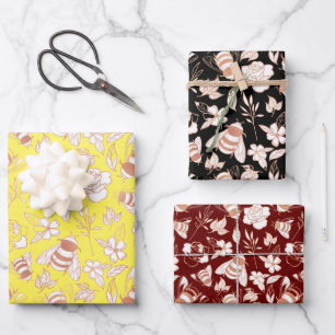 Feuille De Papier Cadeau Abeilles et fleurs en or rose