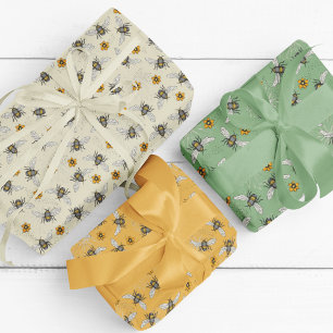 Feuille De Papier Cadeau Abeilles jaunes et sauge à la mode pour le printem