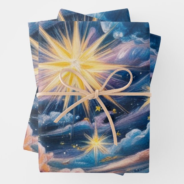 Feuille De Papier Cadeau Abstract Celestial Stars and Clouds  (En situation)