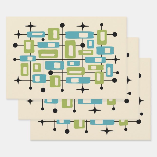 Feuille De Papier Cadeau Abstrait Atomique Rétro Milieu de Siècle Moderne C (Lot)
