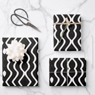 Feuille De Papier Cadeau Abstrait Gold Black Et White Wavy Stripes