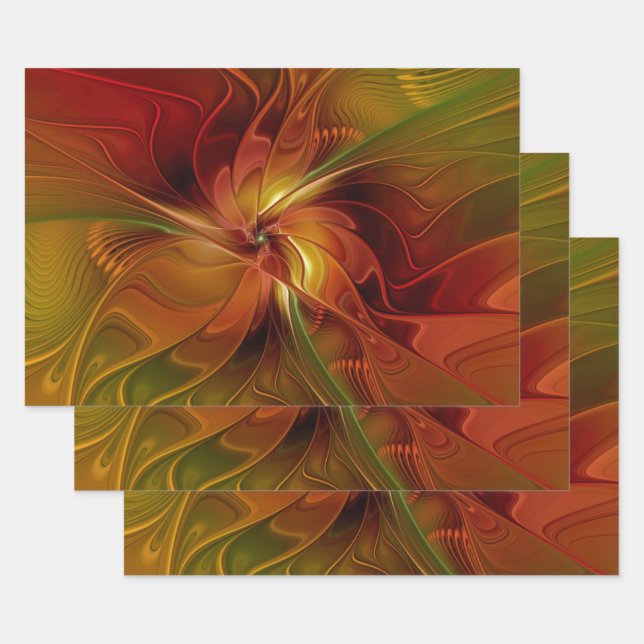 Feuille De Papier Cadeau Abstrait Rouge Orange Brown Vert Fractal Art Flowe (Lot)