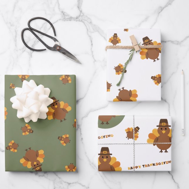 Feuille De Papier Cadeau Action de grâce Automne  Dinde verte (Recto)
