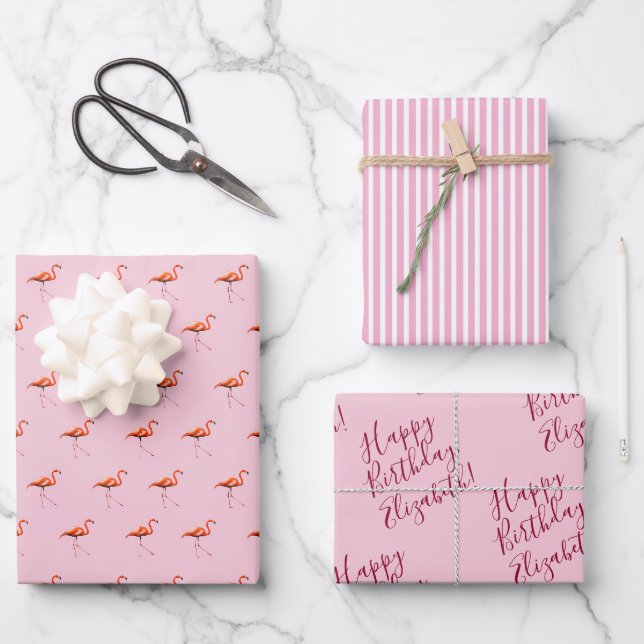 Feuille De Papier Cadeau Add Your Message 3 Sheets Pink Flamingo (Recto)