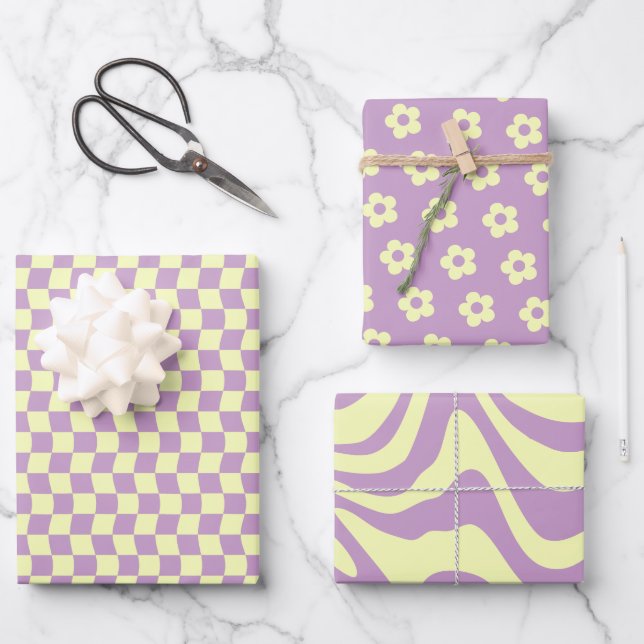 Feuille De Papier Cadeau Ado Fille Pastel Jaune violet Fleur Chèque Wavy (Recto)