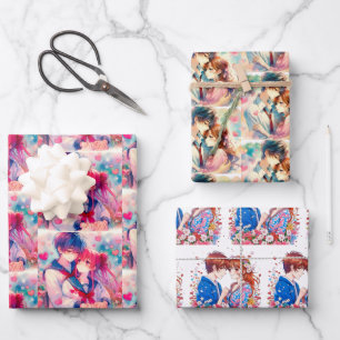 Feuille De Papier Cadeau Adorable Anime Boy and Girl Red Hearts