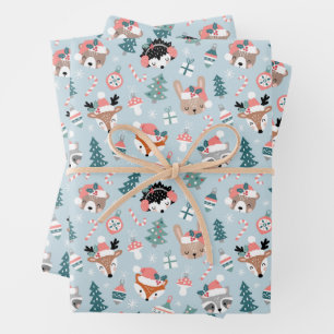 Feuille De Papier Cadeau Adorable Bois Noël Animal Visages Motif