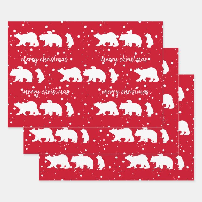 Feuille De Papier Cadeau Adorable Ours Polaire Famille Noël Rouge (Lot)