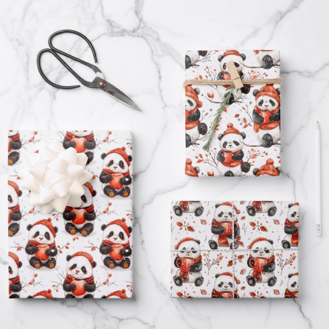Feuille De Papier Cadeau Adorable Panda d'hiver Motif avec Béanie rouge con (Recto)
