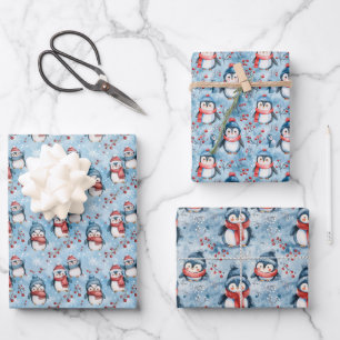Feuille De Papier Cadeau Adorable Penguin d'hiver Motif avec Casquettes dou