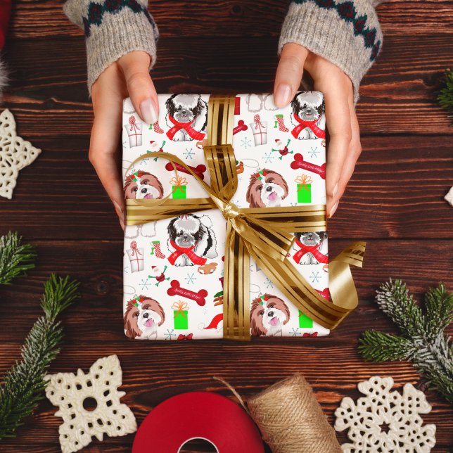 Feuille De Papier Cadeau Adorable Shih Tzu Noël Motif sans couture (Sweet Yorkie Christmas Love!)