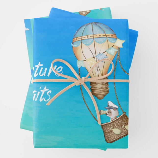 Feuille De Papier Cadeau Adventure Attend Hot Air Balloon Singes Animaux (En situation)
