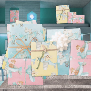 Feuille De Papier Cadeau Aéronefs volants de renard et souris couleur aquar