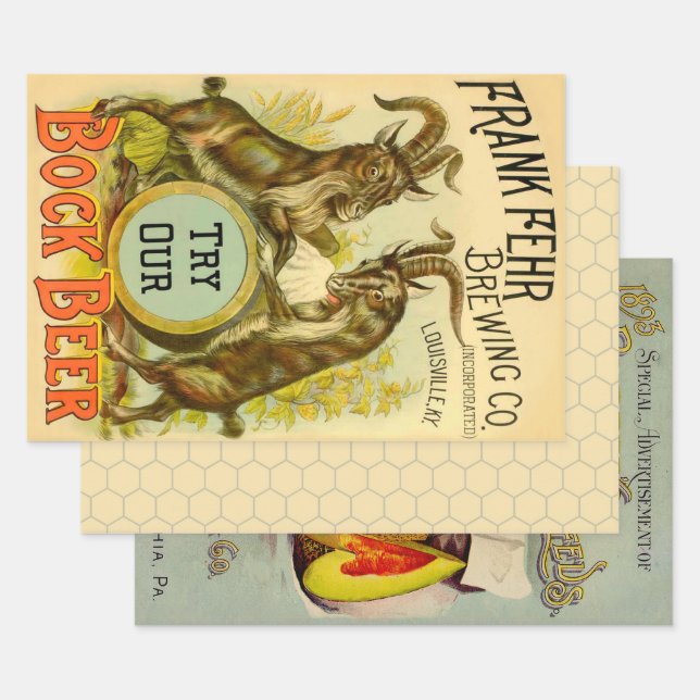 Feuille De Papier Cadeau Affiche de bière Bock vintage : Antique Goat Saloo (Lot)