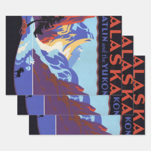 Feuille De Papier Cadeau Affiche de voyage vintage de l'Alaska, Atlin et le
