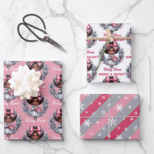 Feuille De Papier Cadeau African American Girl Pink & Silver Holiday