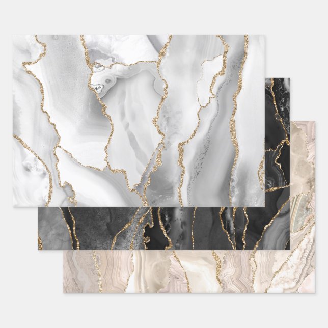 Feuille De Papier Cadeau agate blanche noire et ivoire (Lot)