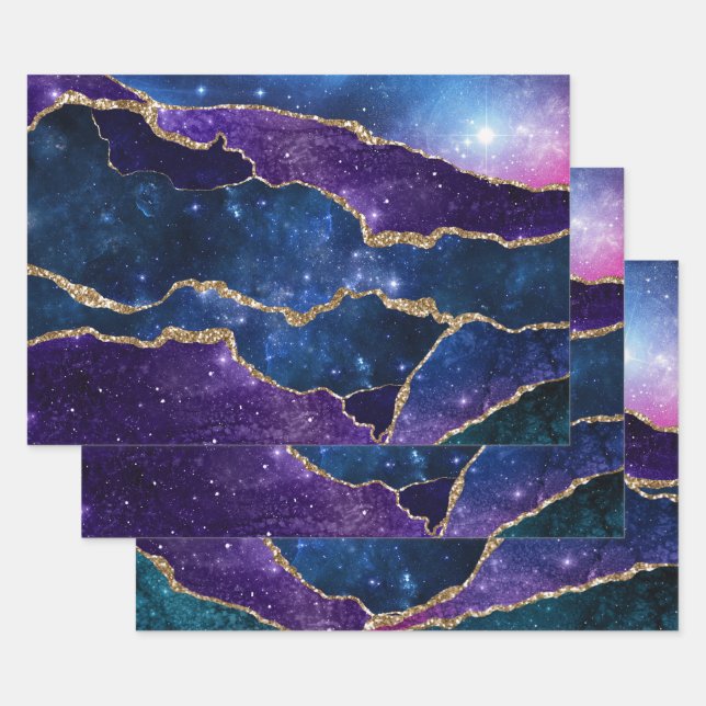 Feuille De Papier Cadeau Agate de galaxie violet et bleu avec parties scint (Lot)