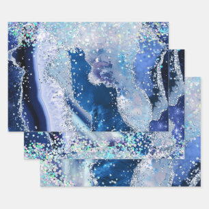 Feuille De Papier Cadeau Agate de Parties scintillant Bleu et Argent