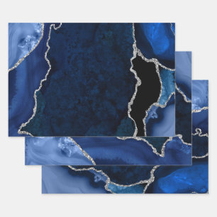 Feuille De Papier Cadeau Agate de Parties scintillant bleu marine et argent