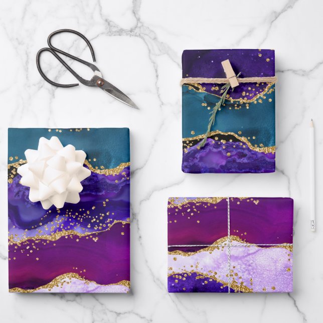 Feuille De Papier Cadeau Agate de Parties scintillant de Peacock violet et  (Recto)