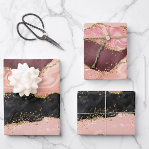 Feuille De Papier Cadeau Agate de séquences noir et rose