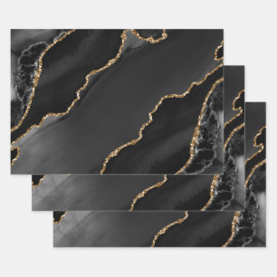 Feuille De Papier Cadeau Agate Faux Pailleté Noir & Or