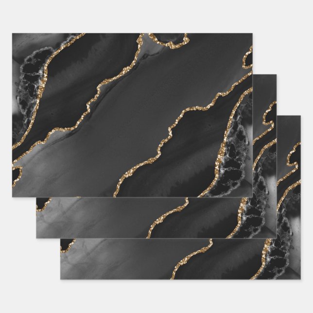 Feuille De Papier Cadeau Agate Faux Pailleté Noir & Or (Lot)
