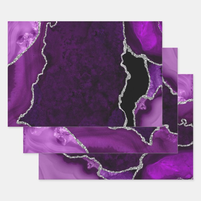 Feuille De Papier Cadeau Agate Faux Pailleté Violet et Argent (Lot)