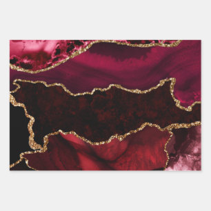 Feuille De Papier Cadeau Agate Marbre Paillettes Or Faux et Rouge