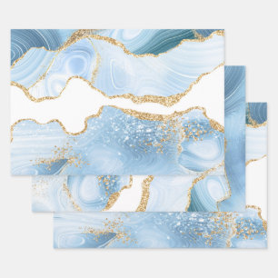 Feuille De Papier Cadeau Agate Marbrée Pailletée Baby Blue et Faux Or