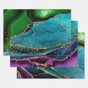 Feuille De Papier Cadeau Agate Paon Pailleté Bleu, Vert & Violet & Or