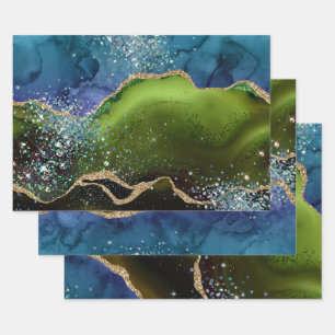Feuille De Papier Cadeau Agate Paon Pailleté Sarcelle, Vert et Or