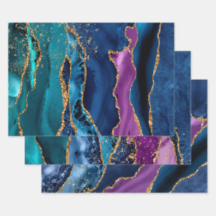 Feuille De Papier Cadeau Agate Paon Pailleté Violet, Bleu Canard & Bleu & O