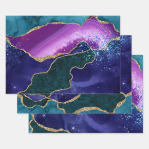 Feuille De Papier Cadeau Agate Paon Pailleté Violet & Sarcelle & Or
