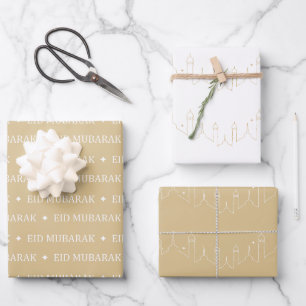 Feuille De Papier Cadeau Aïd or Beige Moubarak Masjid Design Motif